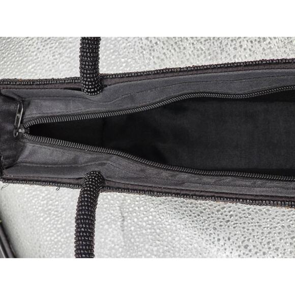 Handmade Black Beaded Floral Pattern Evening Bag With Dual Handles Zipper - Picture 13 of 16